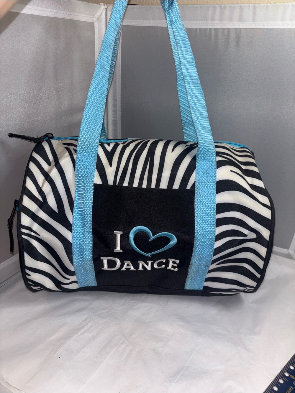 I Love Dance Zebra Print Duffel Bag with Light Blue Straps
